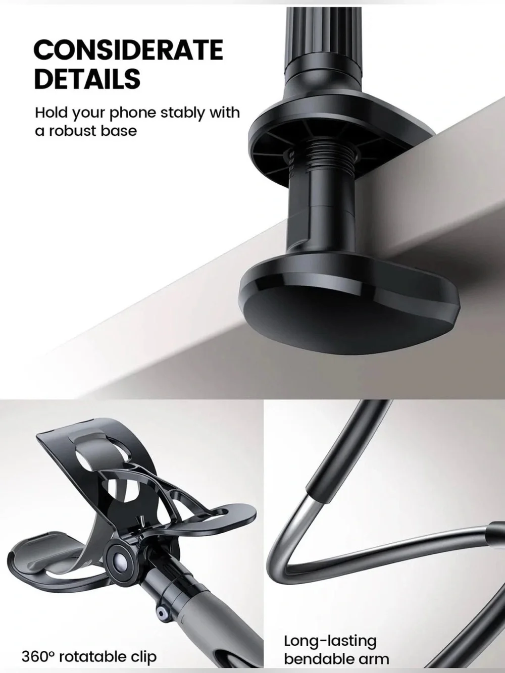 Lamicall Gooseneck Universal Phone Holder. Cell Mount Clamp Clip, Black. New.